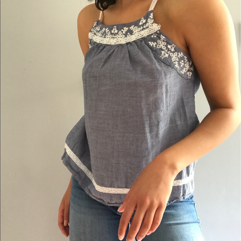 Faux Denim Tank Top with Floral Design
